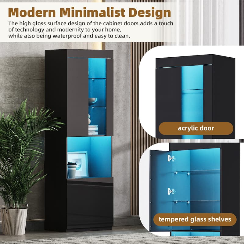 67" Tall Pantry Cabinet Storage Cabinet with LED Lights, Modern Bookcase&Display Cabinet with Tempered Glass Shelves