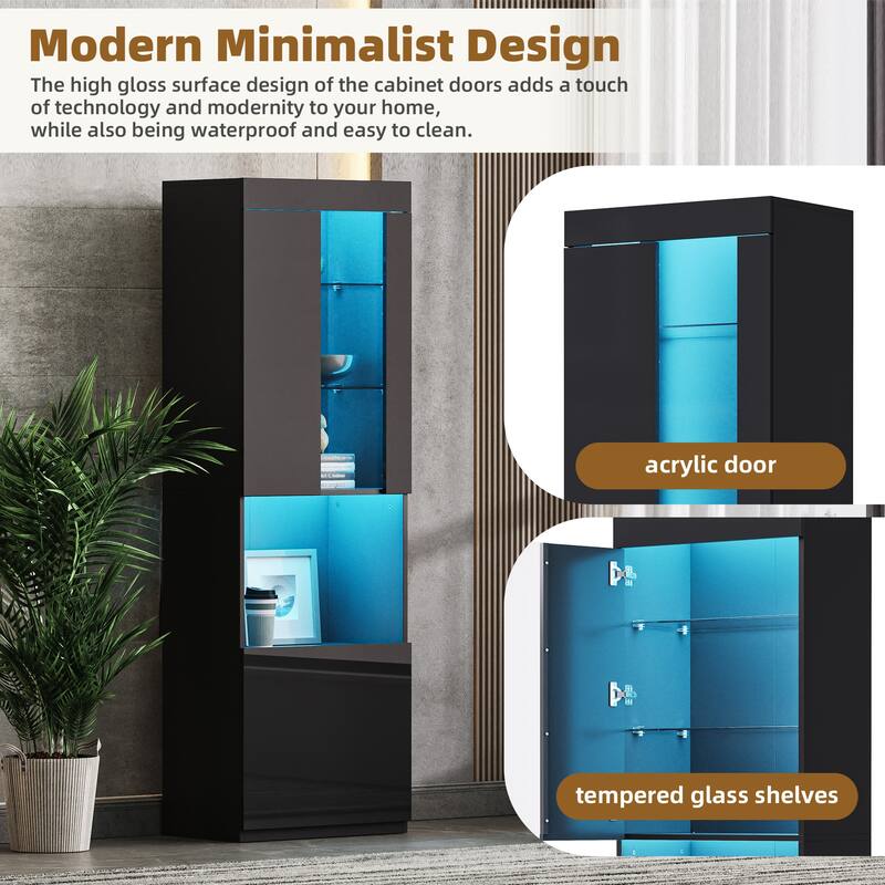 Roomfitters 67" Tall High Gloss Storage Cabinet, Modern Display with Acrylic Door and Tempered Glass Shelves