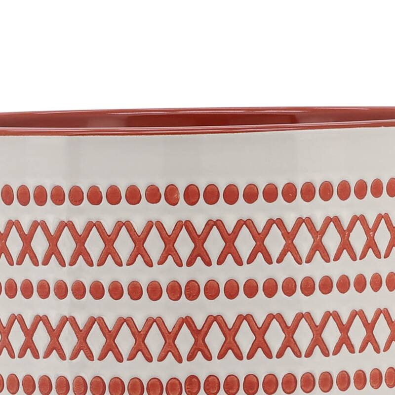 Off-white with Orange Design Ceramic Planter on Wood Stand - 10.0" x 10.0" x 12.0"