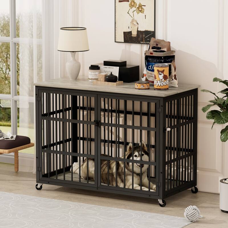 Decorative Pet House, Dog Crate Furniture with Iron Frame Door and wheels