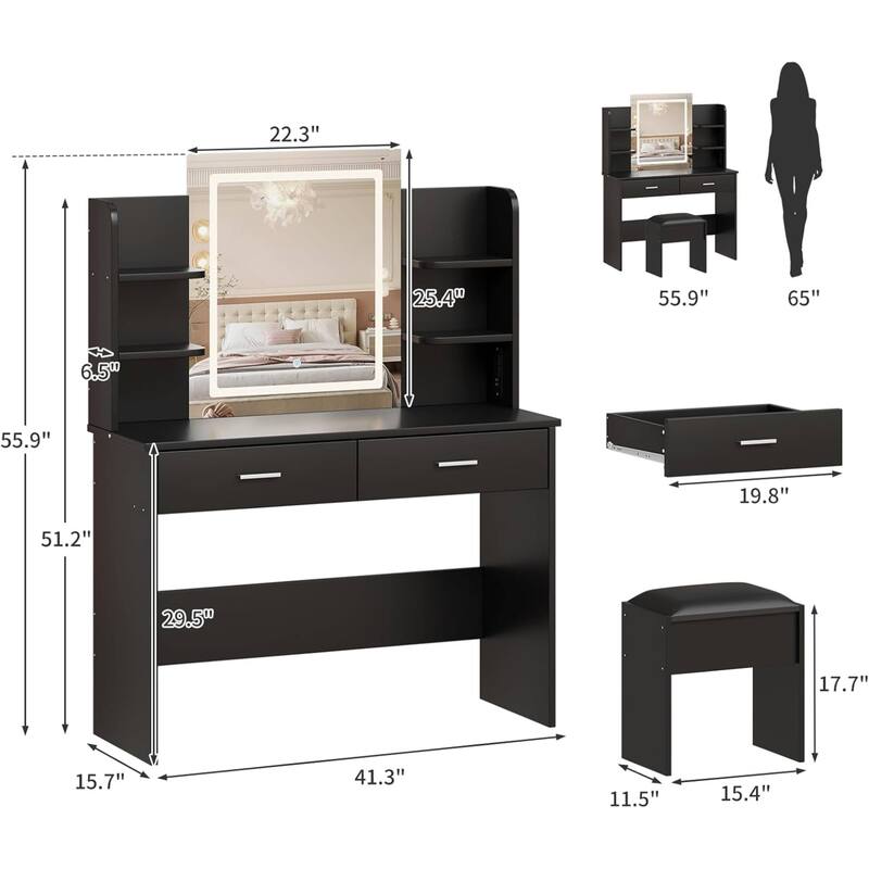 Vanity Desk with Lighted Mirror and 6 Storage Shelves