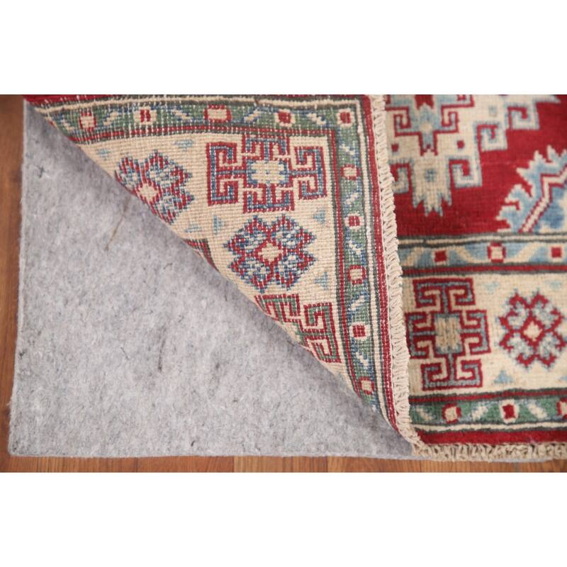 Hand Knotted Oriental 100% Wool Carpet Traditional Geometric Red Kazak Runner Rug - 6' 8'' X 2' 8''