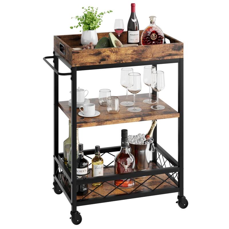 Farmhouse 3 Tier Bar Cart with Wheels and Portable Tray - 23.6"W x 15.7"D x 35.64"H