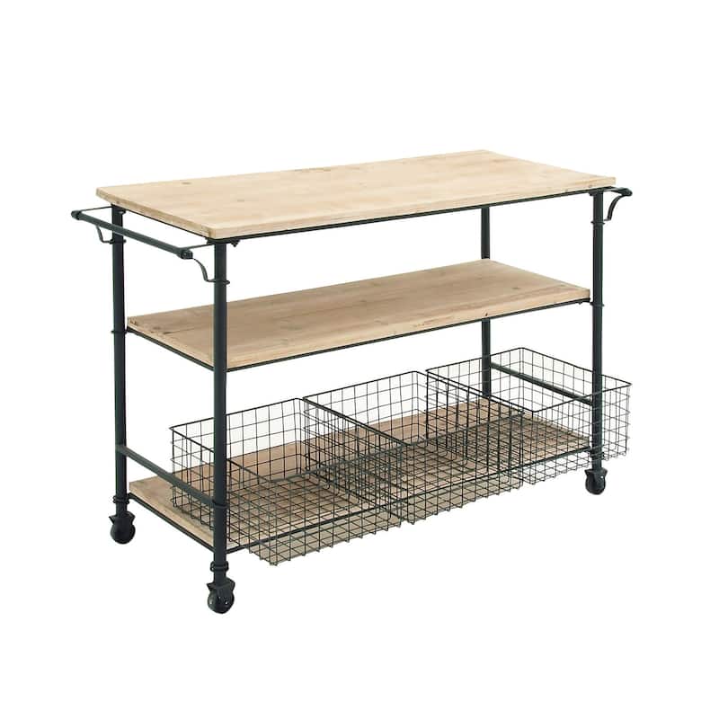 Wood Rolling Cart 3 Drawers and 1 Shelf Storage Unit with Black Wire Baskets - Brown - Roche River Decor