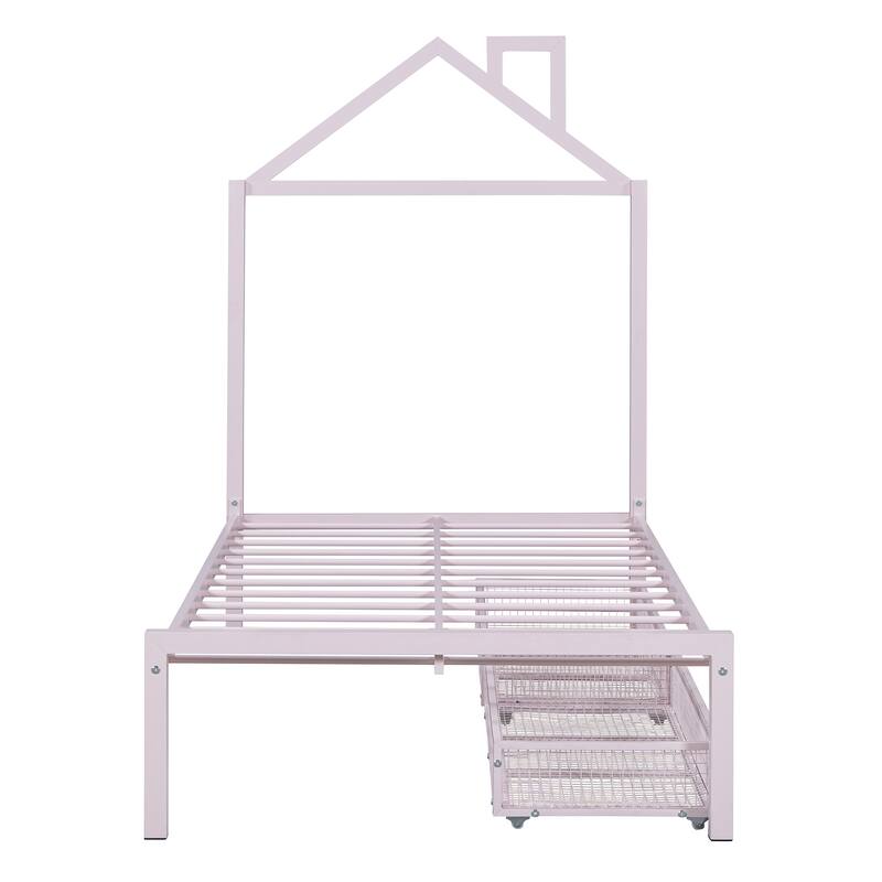 House-Themed Metal Twin Platform Bed with Storage Drawers, Sturdy Frame.