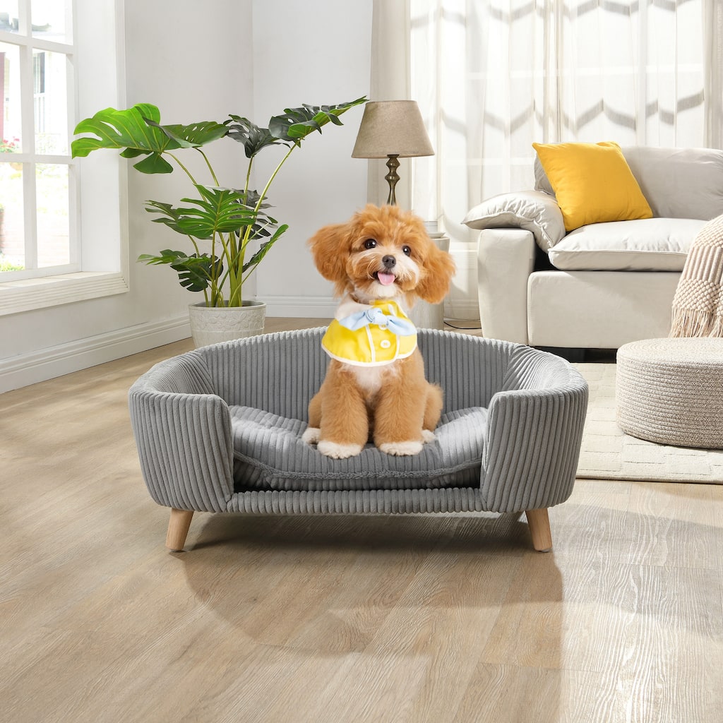 Elevated Dog Bed Frame for Small Dog, Corduroy Pet Couch Bed with Rubber Wood Legs and Supportive Foam, Grey, Easy Assembly