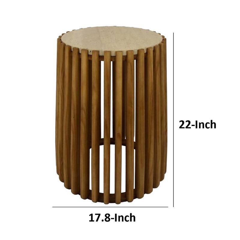 Gexy Side End Table, 18 Inch Marble Top, Slatted Drum Base, Brown