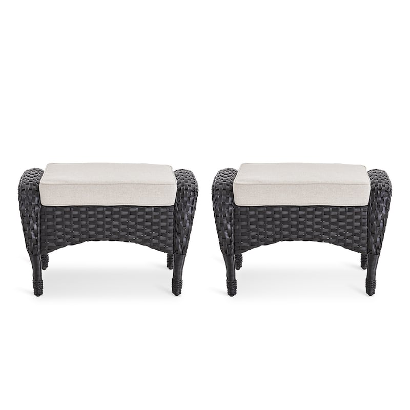 Outside Patio Wicker Ottomans Set Black - Beige