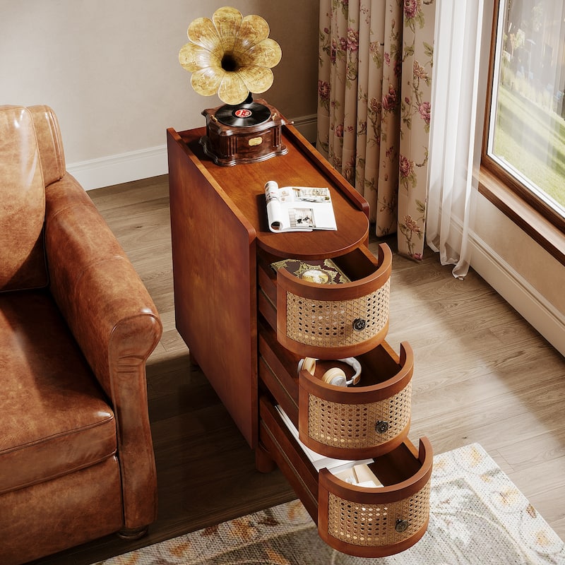 Solid Wood End Side Table 3-Drawer Rattan Bedside Table Nightstand
