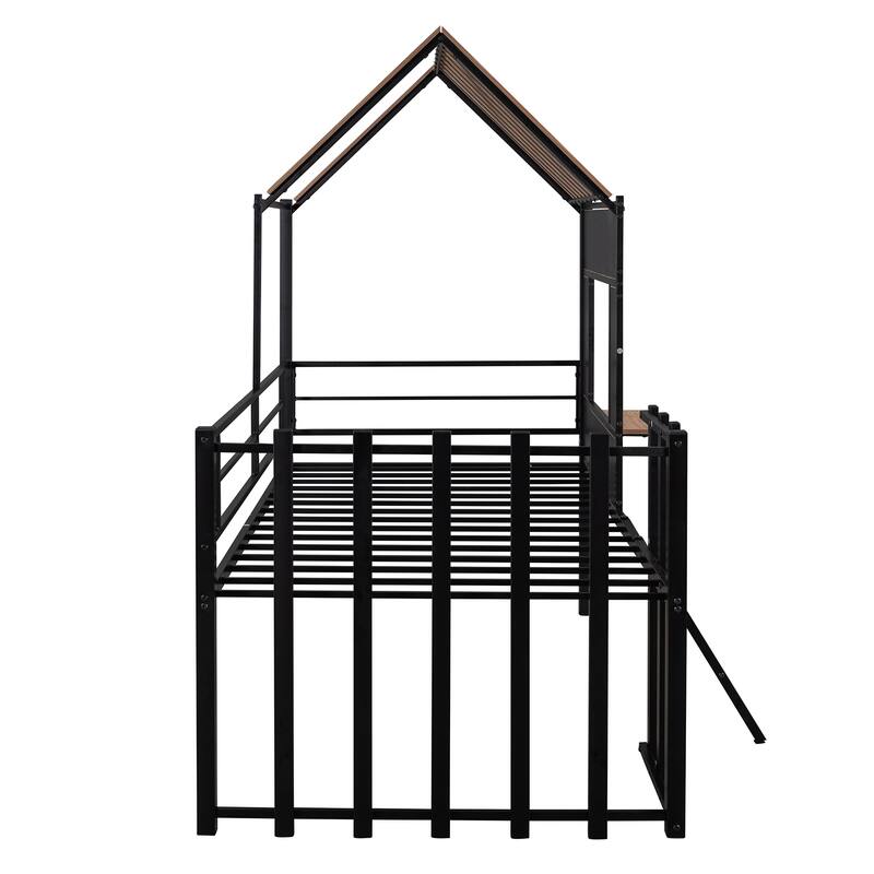 House-Shaped Metal Loft Bed with Roof, Window, Guardrail, and Ladder