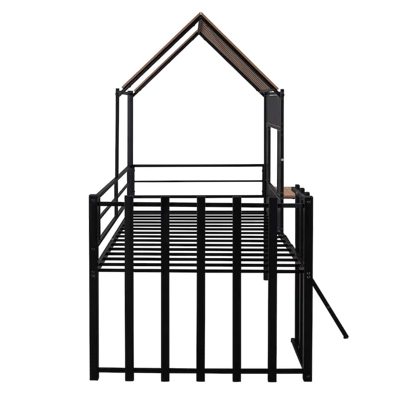 Metal Twin size Loft Bed with Roof, Window, Guardrail