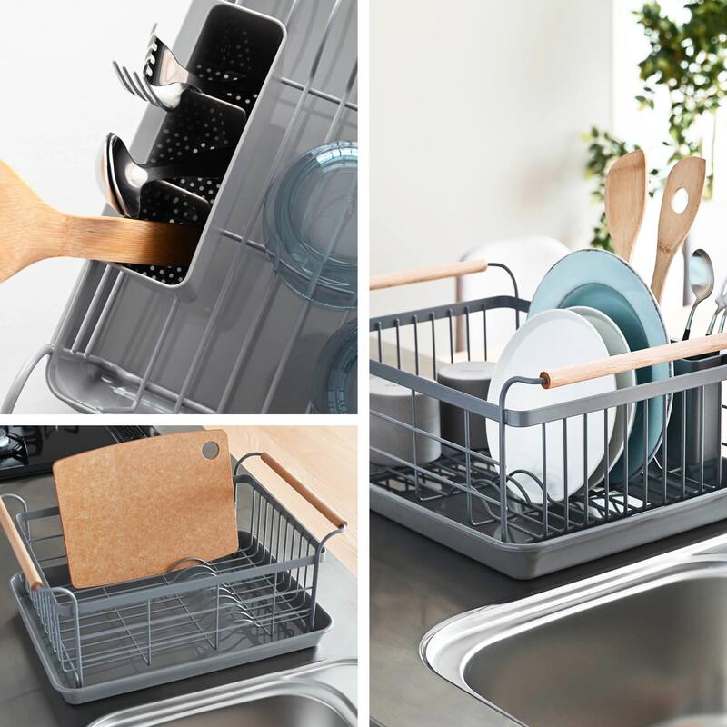 Yamazaki Home Dish Rack, Steel and Wood, Holds 22 lbs - L 13.19 x W 18.5 x H 7.87 inches
