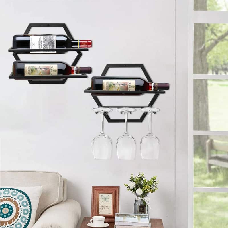 2Pcs Wall Mounted Wine Bottle Stemware Rack - 11"D x 10"W x 1.8"H