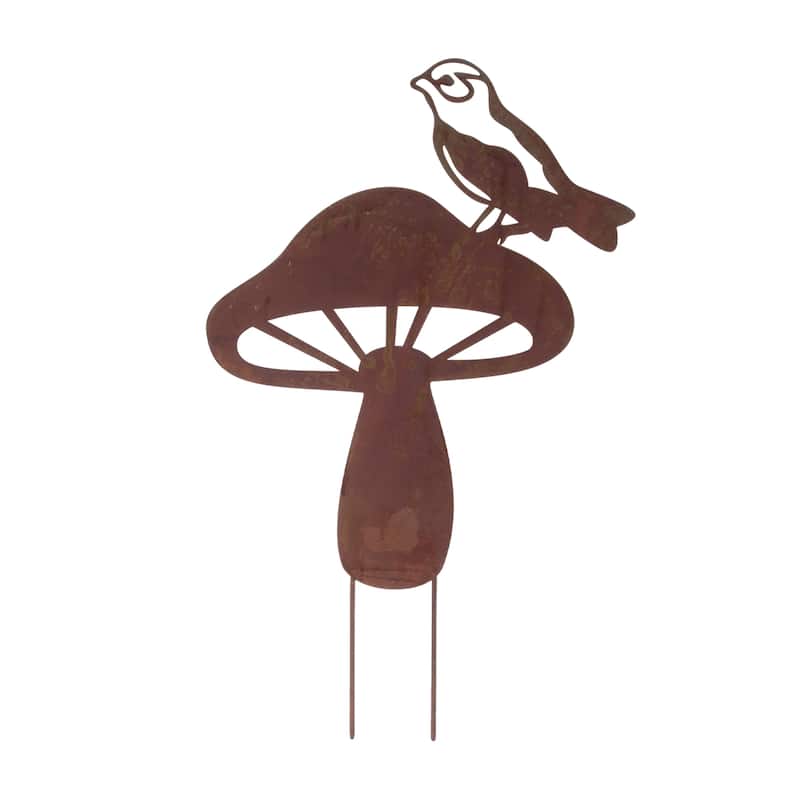 Metal Bird and Mushroom Garden Stake (Set of 2)