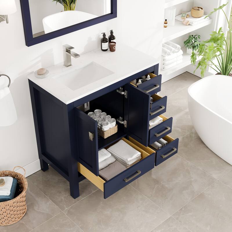 Eviva London 36"W SS Bath Vanity with White Carrara Quartz Top