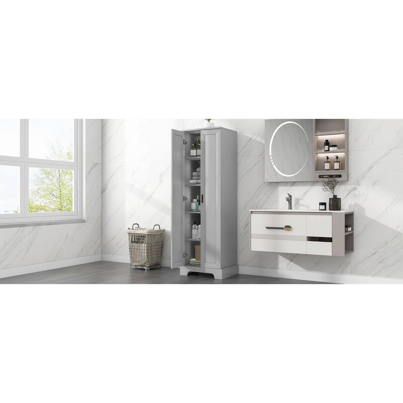 Roomfitters Tall 2-Door Storage Cabinet with 5-Tier Adjustable Shelves, Modern MDF Linen Tower for Bathroom & Office