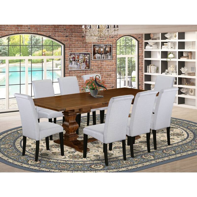 Vintage 9-Piece Kitchen Dining Set with Linen Chairs - Antique Walnut & Black Finish Table Set - 92