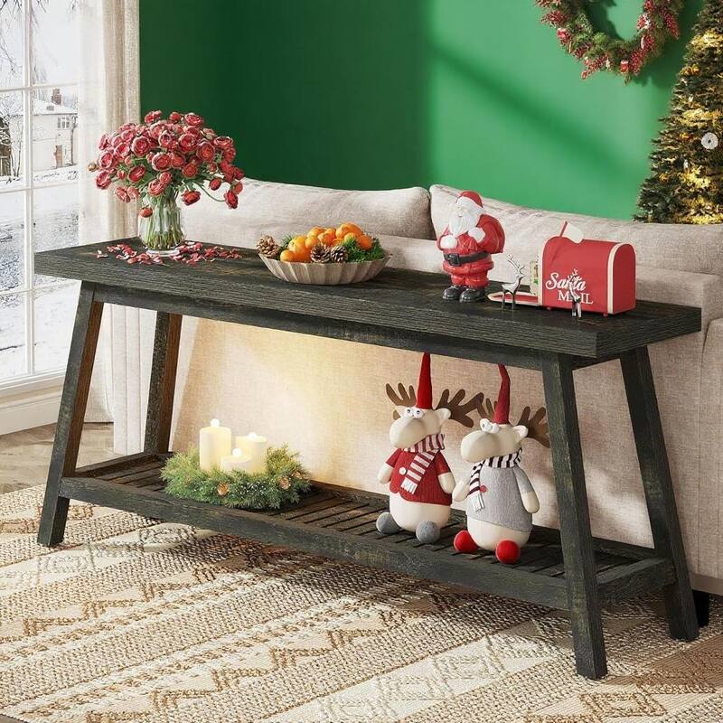 Grey-Natural Engineered Wood 2-Tier Console Table with Farmhouse Style - 70.86” L x 11.81 W x 31.49 H