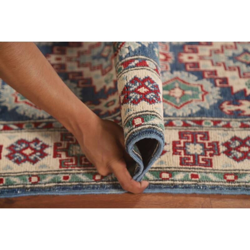 Geometric Kazak Runner Rug Hand-Knotted Blue Wool Carpet - 2'6" x 12'8"