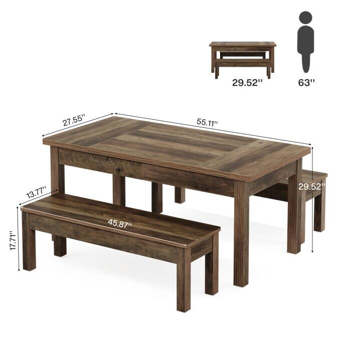 55-Inch Farmhouse Kitchen Table Set, Wood Dining Table with 2 Benches