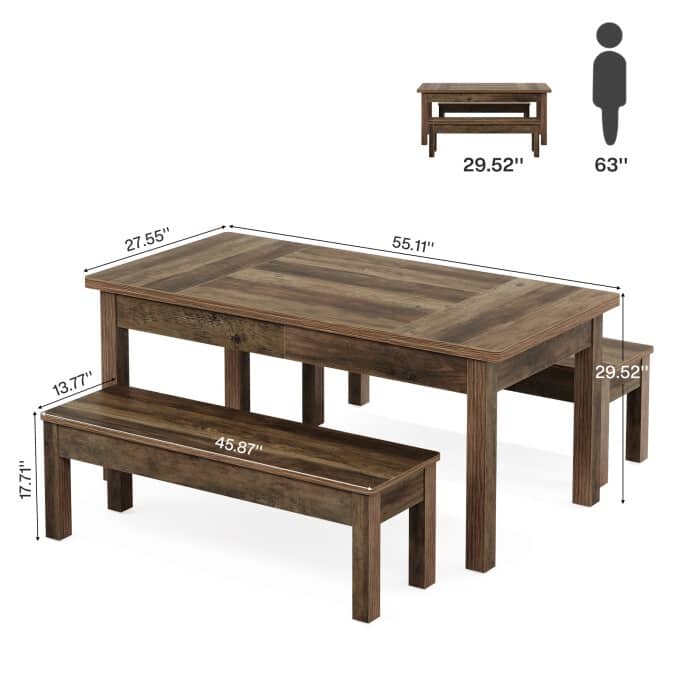 Farmhouse Dining Table Set for 4-6, Kitchen Table with 2 Benches