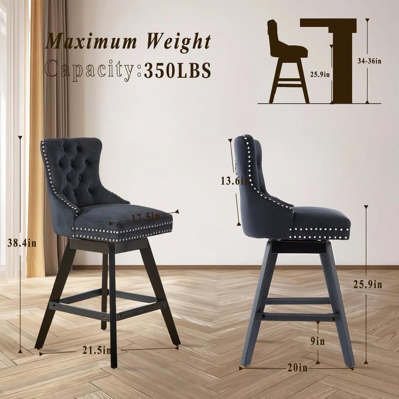 Velvet Wing-Back Tufted Nailhead Upholstered Bar Stools (Set of 4)