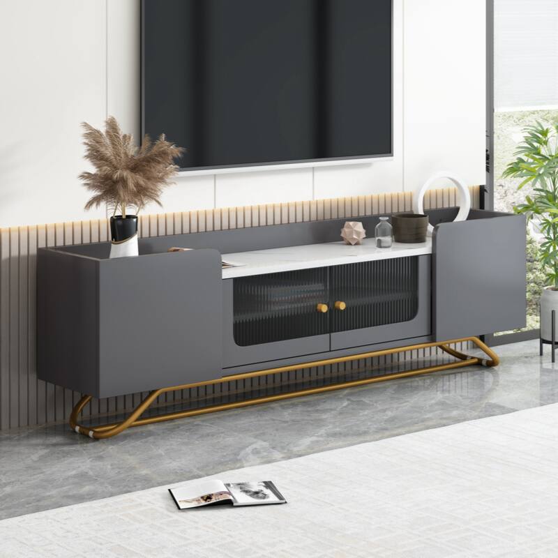Sleek Design TV Stand with Fluted Glass, Contemporary Entertainment Center for TVs Up to 70" - Grey