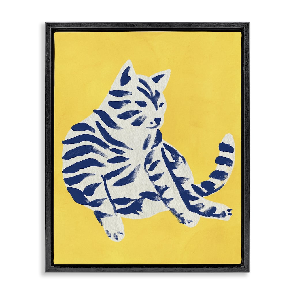 Stupell Unique Bright Cat on Yellow Framed Floater Canvas Wall Art Design By June Erica Vess