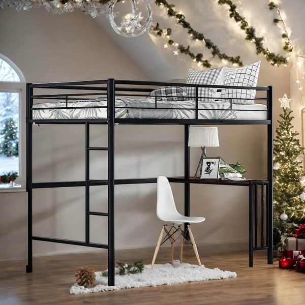 slide 2 of 43, Twin Metal Loft Bed with Desk, Ladder and Guardrails, Loft Bed for Bedroom Black