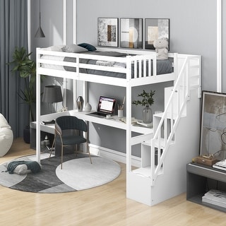 Twin Size Loft Bed Wooden MDF Panel Bed with Three Storage Spaces ...