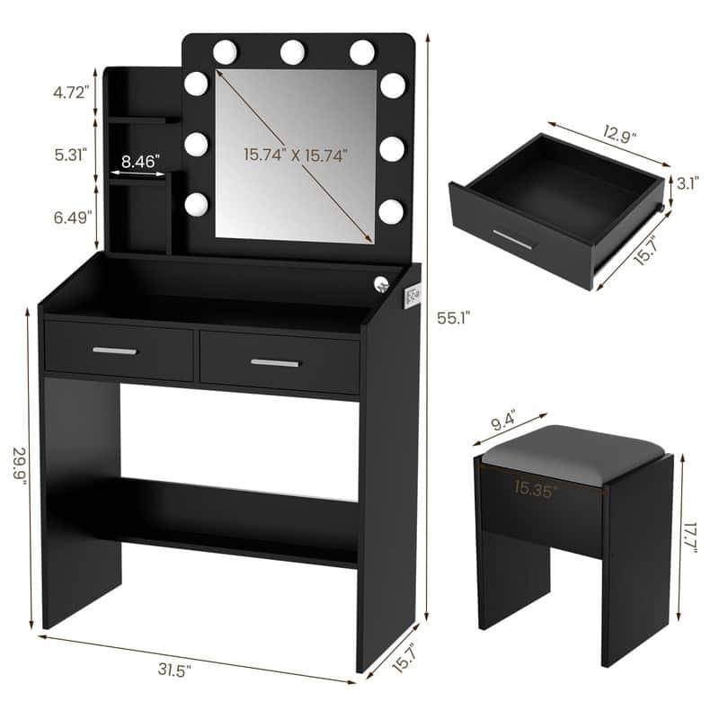 Makeup Vanity Desk with Mirror and Stool, Charging Station, 2 Drawers, 3 Shelves