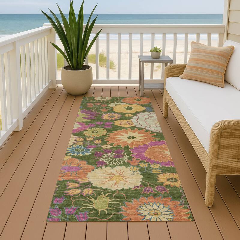 Machine Washable Indoor/ Outdoor Modern Floral Chantille Rug - Aloe - 2'3" x 7'6"