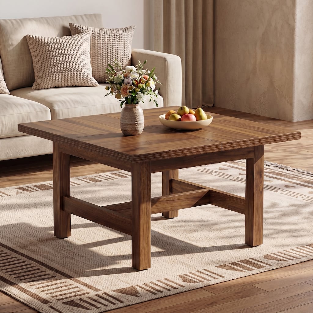 31" Square Wood Coffee Table for Living Room, Farmhouse Center Table