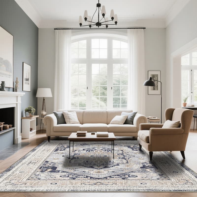 7FT x 5FT Vintage Bohemia Cotton Area Rug with Non-Slip TPR Backing for Indoor Living Room and Entryway - 6' x 7'