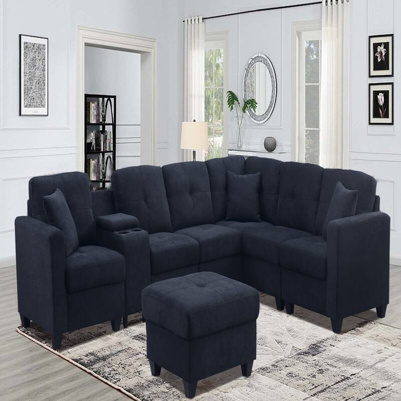 Dark Blue Sectional Sofa, Solid Wood Frame, Microfiber, Cup Holders