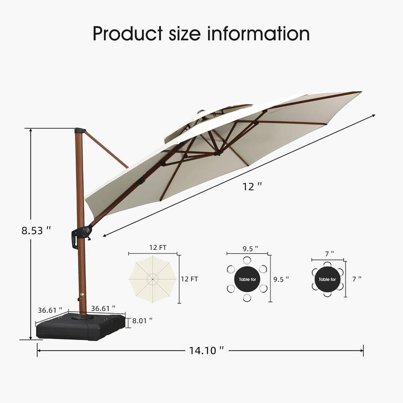 PURPLE LEAF 10/11/12ft Round Wood Pattern Patio Cantilever Umbrella with Base