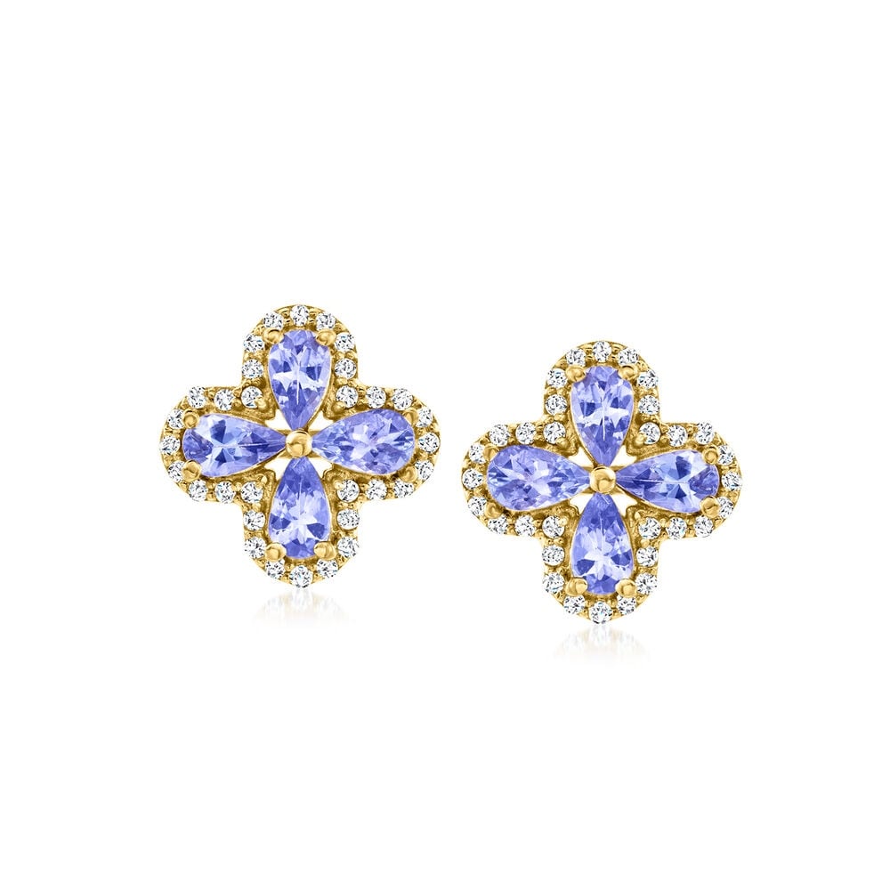 Pinctore 18k Yellow Gold Over sterling Silver, Tanzanite Gemstone Flower Stud Earrings