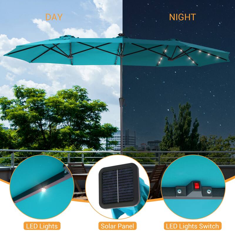 LIVOOSUN 13 x 7.2ft Large LED Double-Sided Rectangular Outdoor Patio Market Umbrella with Crank, Solar Panel, Navy Blue