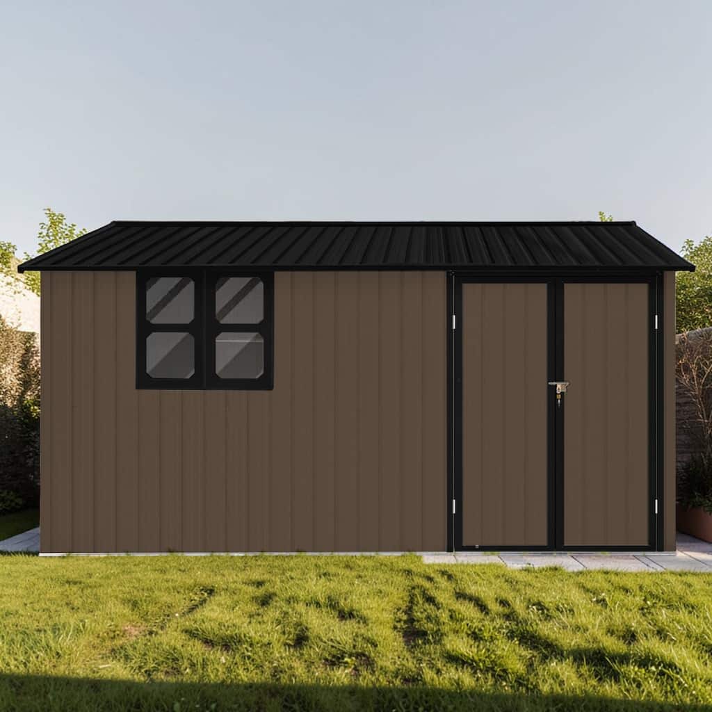 12x10 FT Metal Storage Shed with Shelves and Window, Outdoor Garden Tool Shed with Lockable Door and Worktable