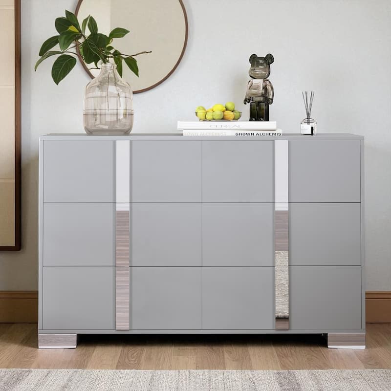 Modern 6 Drawer Dresser with Mirrored Handles and Metal Legs, MDF Storage Cabinet for Bedroom Organization - Grey
