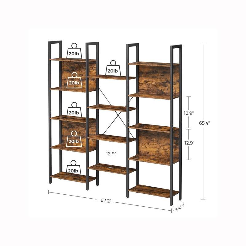 Triple Wide 5 Tier Bookshelf, Bookcase with 14 Storage Shelves, Metal Frame, Rustic Brown and Black - 62.2"L x 9.4"W x 65.4"H