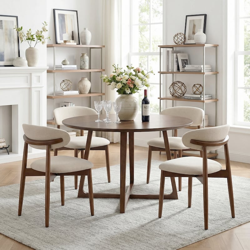 Open Back Upholstered Wood Frame Dining Chair Fabric Seat - Set of 4 - Beige