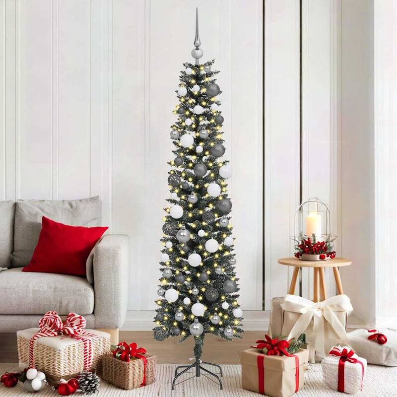 vidaXL Artificial Christmas Tree with Stand Green 40.5 x 40.5 x 120 cm - 40.5 x 40.5 x 120 - Green with LEDs & white grey balls (2)