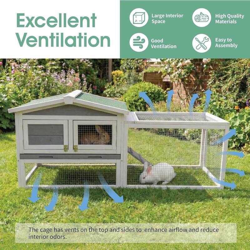 60" Outdoor Indoor Large Rabbit Hutch for Rabbits, Chickens, Ducks