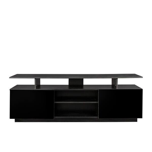 Black Modern LED TV Stand with Double Shelves and Two Doors Bed Bath