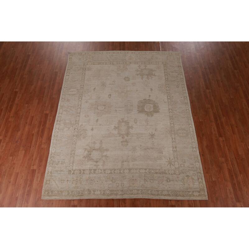 Hand Knotted Oriental 100% Wool Carpet Transitional All-Over Beige & Ivories Oushak Area Rug - 9' 10'' X 7' 8''