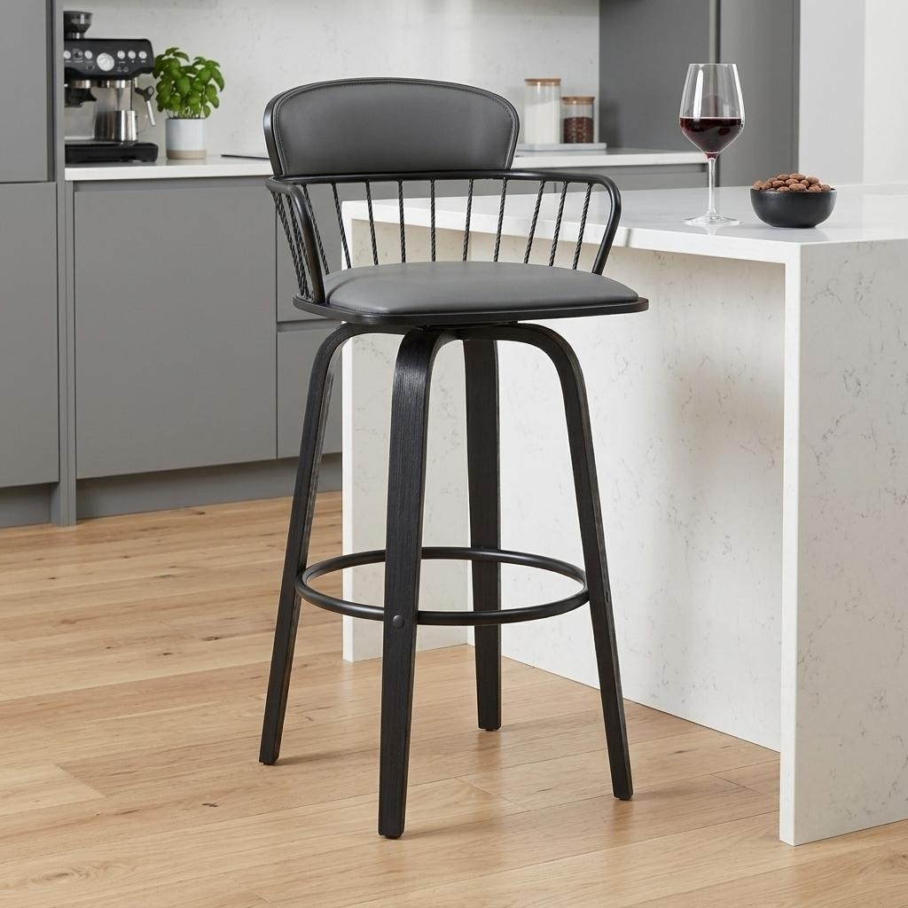 HomeRoots 26" Gray And Black Faux Leather Swivel Low Back Counter Height Bar Chair