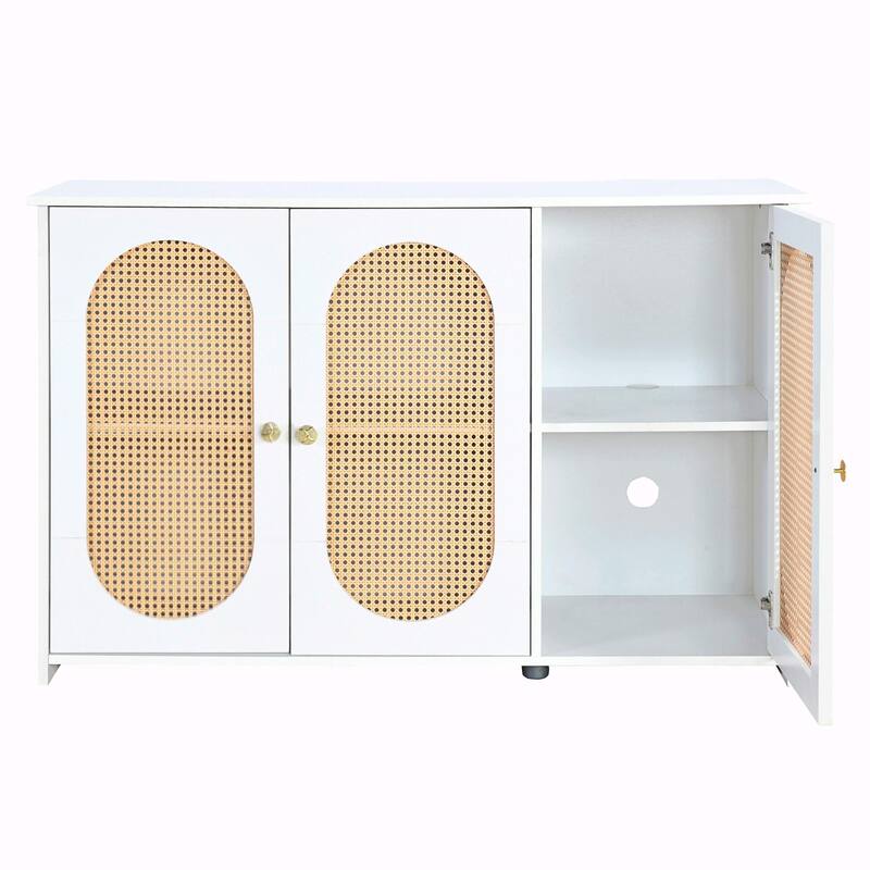 Retro 3-Door Sideboard - Large Storage with Rattan Doors and Metal Handles