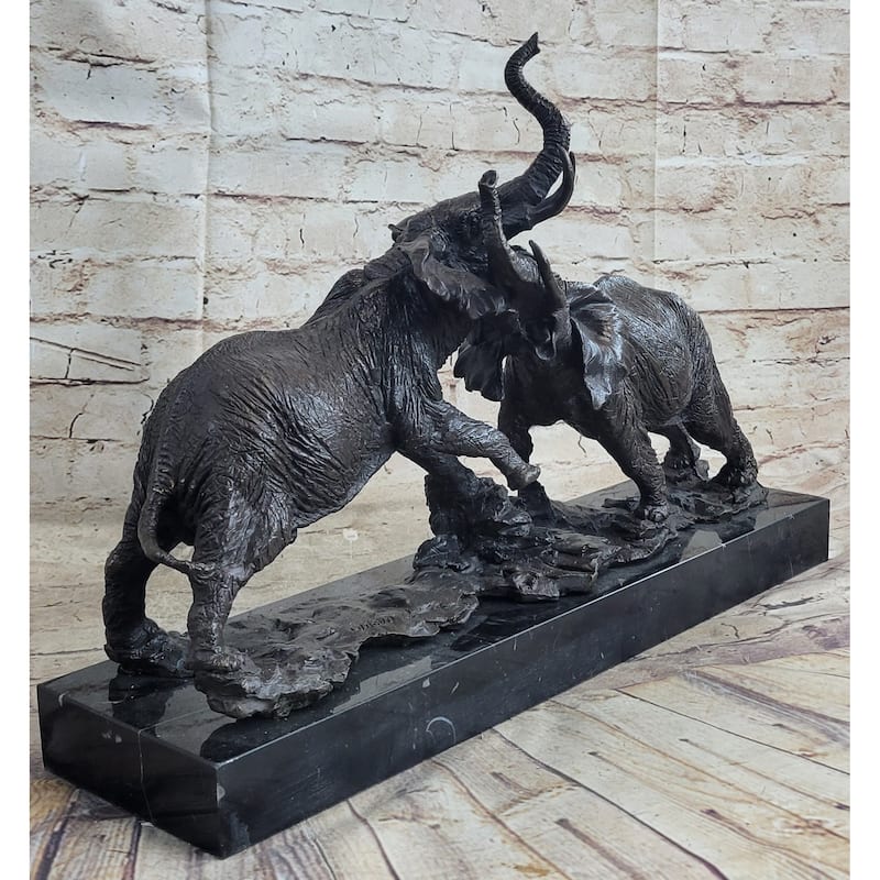 Imitative Elephants In Battle Bronze Sculpture Hot Cast Marble Base Figurine Wild Life Art
