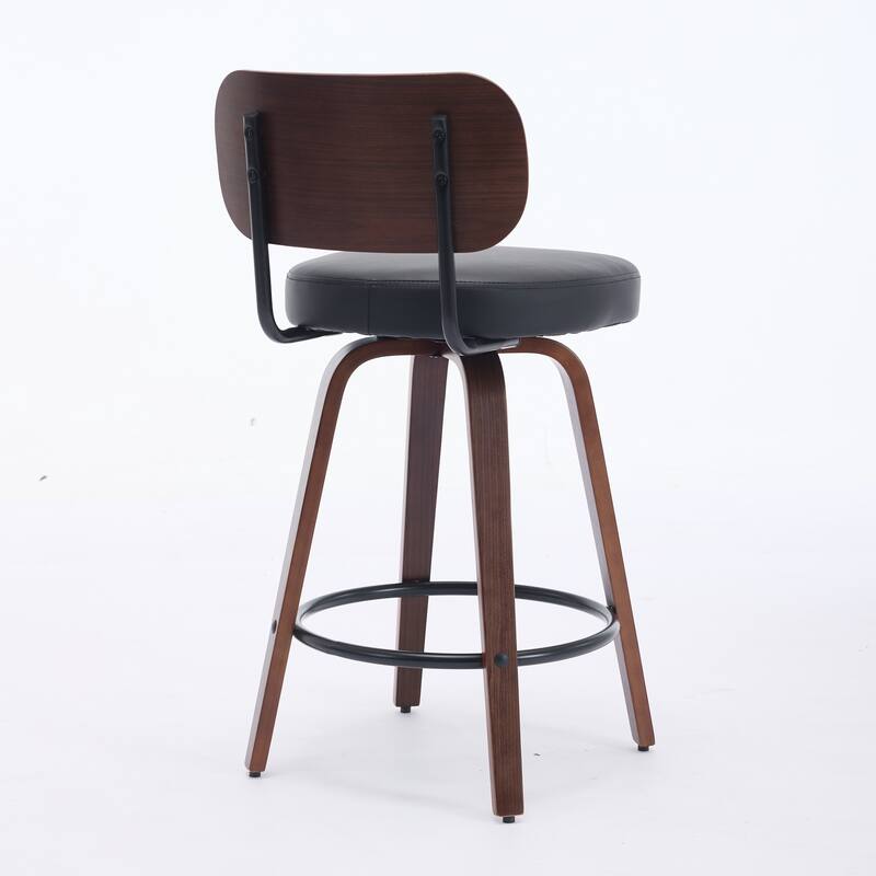 Swivel Bar Stools Set of 2, 26" Upholstered Faux Leather Counter Height Barstools with Walnut Back & Bentwood Legs